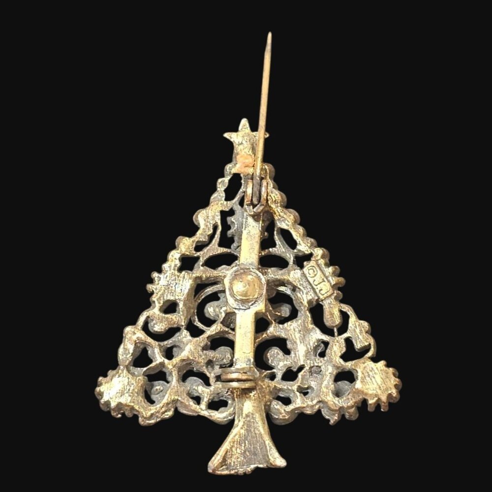 Vtg Signed JJ Gold Tone Christmas Tree Brooch Pin Multi Color Rhinestones MCM - Picture 3 of 8